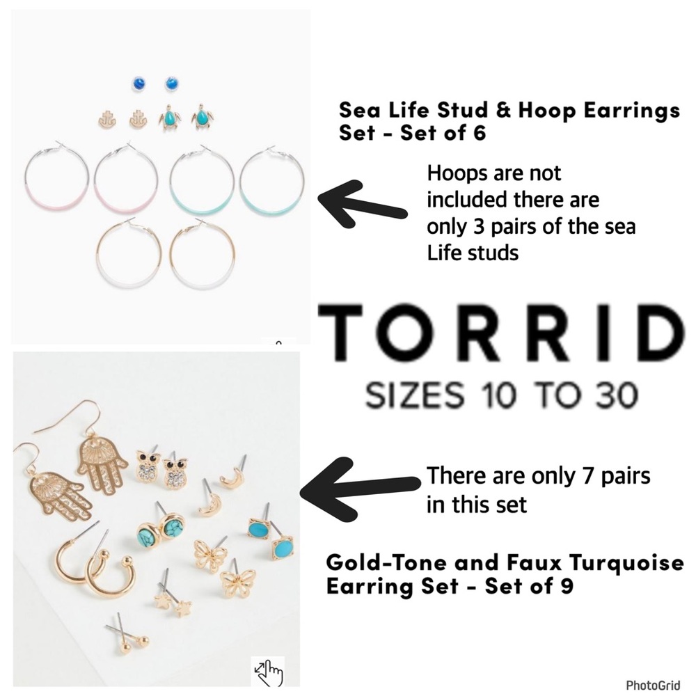 Torrid 10 pair of earrings sea Life studs and gold tone sets NEW (missing pairs)